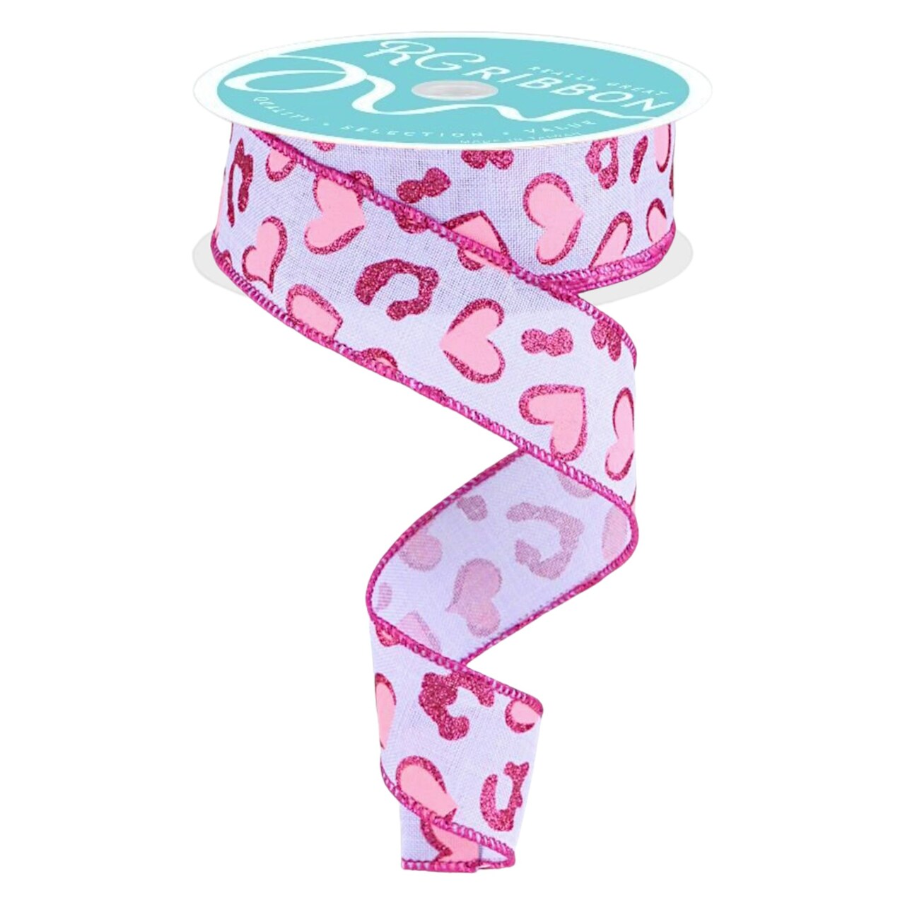 RG Ribbon: 1.5" Valentine's Day Leopard Heart Ribbon - Purple, Pink - For Bows, Wreaths, Gift Wrap, Crafts, and Decorations